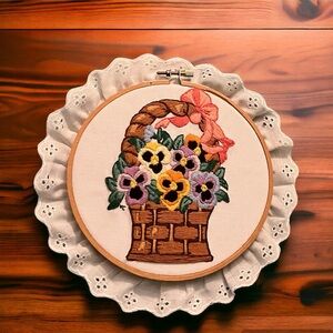 Flowers in Basket with Ribbon Crewel Picture Lace & Framed Wooden Hoop Handmade